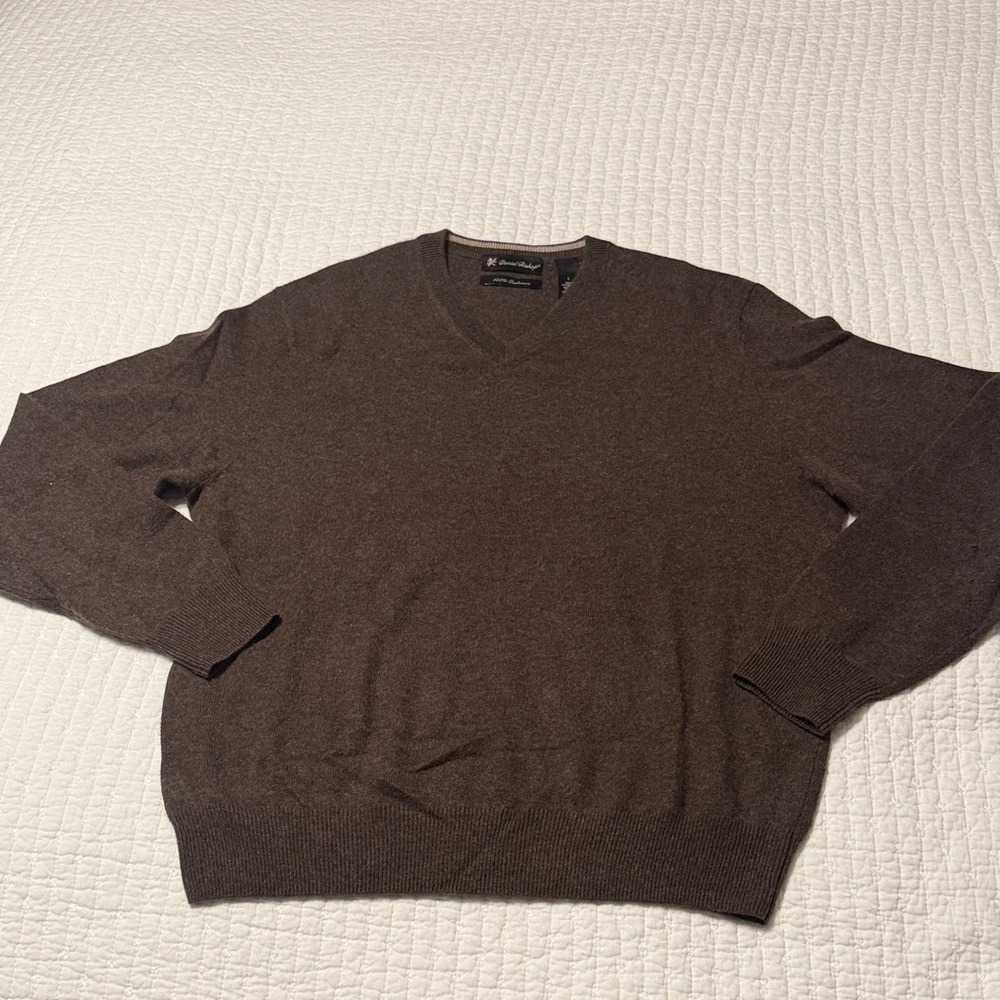 Daniel Bishop Mens 100% Cashmere Brown V-Neck Sweater Large Pullover